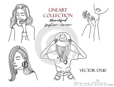 Lineart collection. Beautiful fashion women. Beautiful portraits Vector Illustration